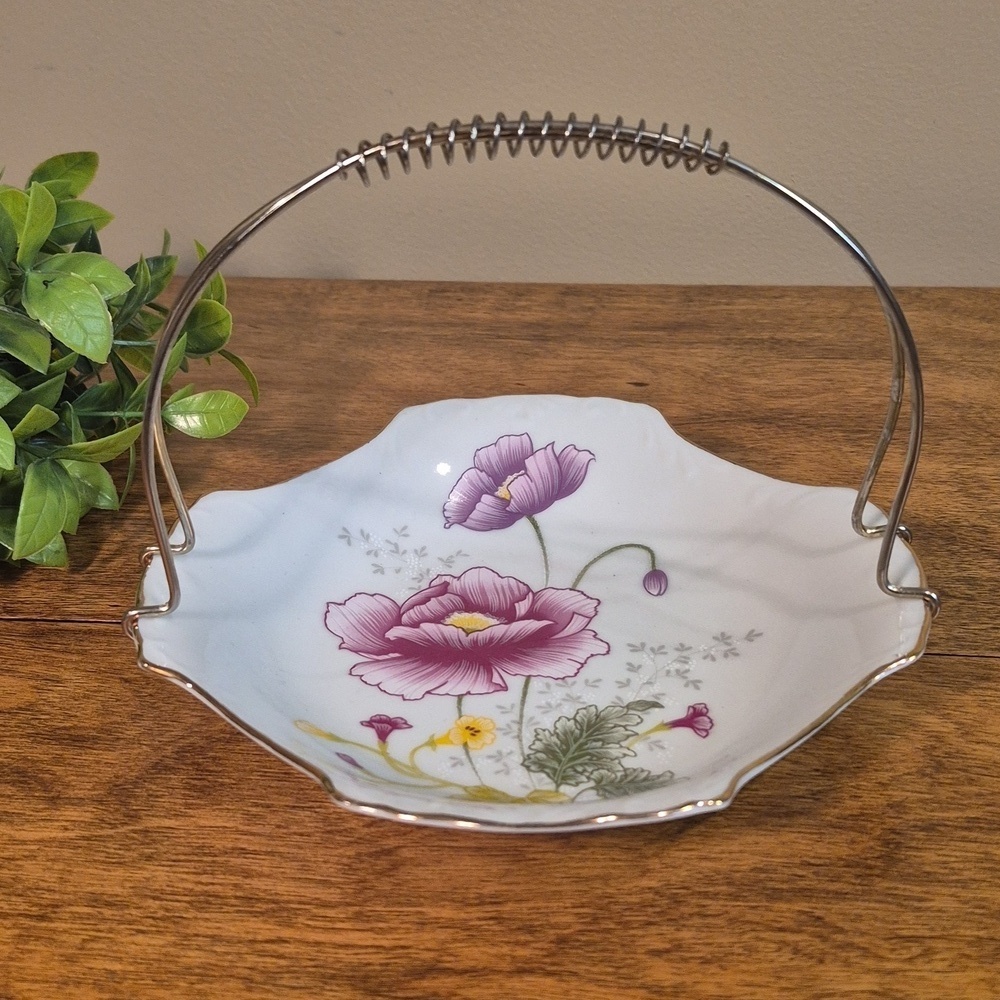 VINTAGE Floral Porcelain Curved Plate with Detachable Handle